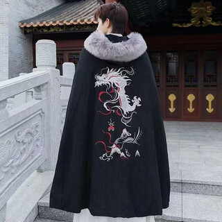 Painted nature, retro hanfu men's adult clothing, chinese style long embroidered cloak, winter velvet hooded warm cloak, black velvet (cloak only), one size fits all