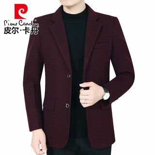 皮尔卡丹（pierre cardin）中年男装西服厚款免烫休闲修身便服单西纯色呢子西装外套秋冬装 酒红 L 175/76 建议110-125斤