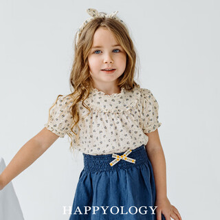 Happyology british girls summer fungus-edged puff sleeves high-end shirt baby girl cotton top little wild flower 104 (104cm)