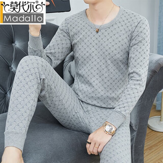 Modal thermal underwear men's autumn and winter long sleeve pure cotton thin round neck printed autumn clothes and autumn pants set men's youth slim-fitting inner wear coldproof basement cotton sweater light gray round neck l