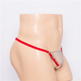 Magnificent men's thong with one strap, sexy transparent pouch, bullet separation, hoop, tassel lace, red, one size fits all