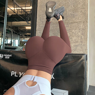 Kejimitao european and american abdominal tightening fitness pants for women, high-waisted peach butt lifting sports running trousers, training tight elastic yoga pants, red brown (ready in stock) s (recommended 85-100jin jin is equal to about 0.5 kg)