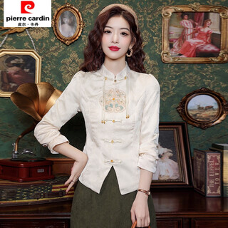 Pierre cardin new chinese style stand collar tassel button shirt slim fit chinese style tang suit embroidered jacket women's 24 early spring long sleeve top apricot 2xl size recommendation 120-130 jin jin is equal to 0.5 kg