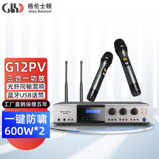 Glenston g12pv three-in-one with one-to-two wireless microphone pre-reverberator dual-channel high-power 600w power amplifier all-in-one anti-howling bluetooth usb conference home ktv g12pv (with microphone integrated power amplifier)
