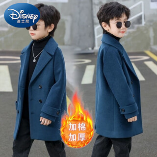 Disney (disney) boys korean version thick woolen coat children's autumn and winter new double-breasted medium-length woolen windbreaker coat lake green cotton and thickened winter style l-140 recommended height 130cm