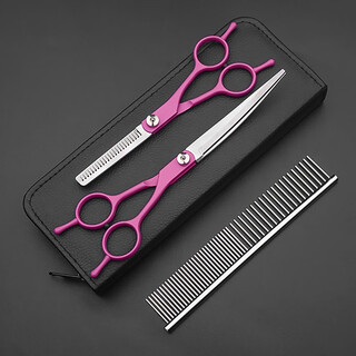 Tanizaki pet grooming scissors, dog hair tool set, 7-inch trimming scissors, curved scissors, teddy cat and dog pet scissors #6-inch rose red teeth scissors + 7-inch curling scissors + steel comb + bag