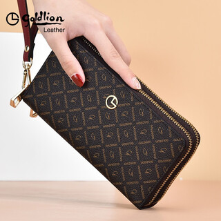 Goldlion women's handbag 2025 new fashion trend printed double zipper clutch multifunctional high-end large capacity mobile phone brown double zipper official authentic one penalty ten for counterfeit