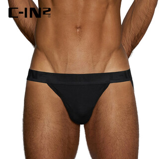 C-in2 new summer men's thong, exposed buttocks, cotton spandex butt lift, u-convex low-waisted sexy double thongs 2925rt, black 001- 1 pair, m, suitable for 2'4-2'5 waist (size 31-33)