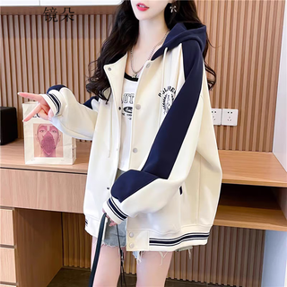 Jingduo spring sweater jacket spring and autumn style female high school junior high school girls baseball uniform 2025 new autumn and winter clothes korean style hooded off-white one size (can remark size)