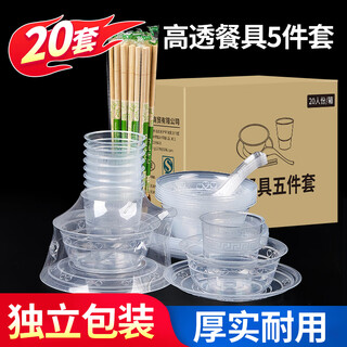 Youao disposable tableware set of 20 sets (bowls, cups, plates, spoons, chopsticks) five-piece set for outdoor barbecue and camping no-wash