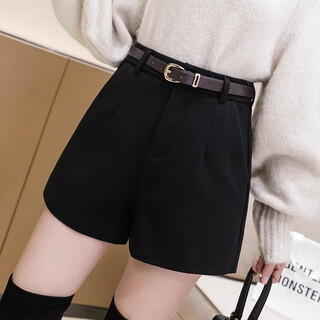 Quetong black suit shorts for women, autumn and winter korean style outer wear leggings, fashionable high-waisted loose casual a-line wide-leg pants, black with lining l 105-115