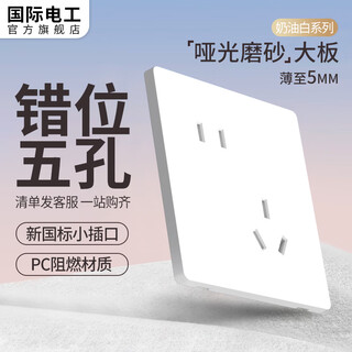 国际电工开关插座面板超薄哑光磨砂86型暗装5孔插座奶油风白色无框大板 斜五孔插座