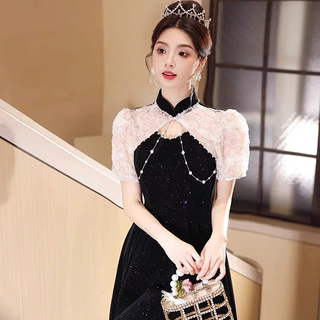 Nuoliti black evening dress, high-end, temperament, adult ceremony, birthday princess dress, light luxury niche high-end host dress, black short-sleeved long style l