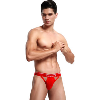 Qiaojiao niang sexy underwear men's double t-string hollow buttocks revealing sexy t-pants sexy open underwear summer breathable and tight red m waist size suitable for one foot eight to two feet one