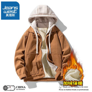 Jeanswest fake two-piece corduroy jacket for men in autumn and winter new trendy brand plus velvet warm cotton coat loose hooded jacket clothes caramel plus velvet l size