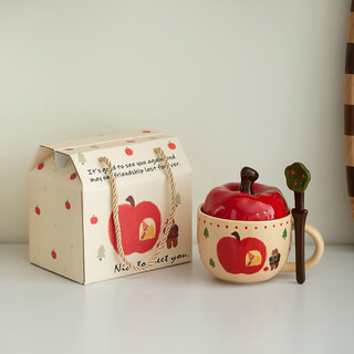 Fourth moon cute cup apple ceramic cup water cup with lid high-looking mug girl birthday gift big apple girl (cup + lid + spoon)