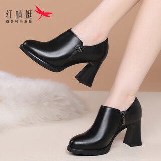 Red dragonfly women's boots genuine leather fashion boots ankle boots autumn and winter british style leather boots thick heel mom's shoes high heels 8cm black (heel height 8cm) 37