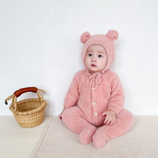 Joyncleon baby furry one-piece pajamas children's autumn clothes plush bear clothes super cute baby funny home clothes autumn and winter pink class a boneless upgraded softness 80cm