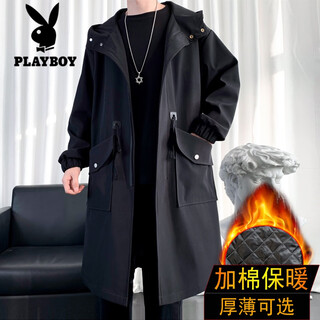 Playboy windbreaker men's jacket mid-length coat 2025 autumn and winter casual british style men's cloak warm top black cotton thickened xl 150 to 170 jin jin equals 0.5 kg can be worn