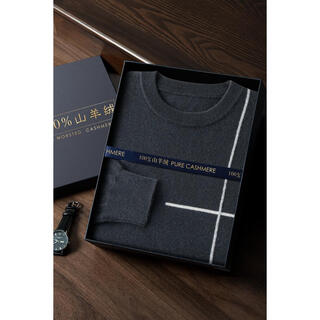 Ordos city-produced autumn and winter thickened and warm pure cashmere sweater for men, fashionable printed versatile pullover knitted sweater, elephant gray l