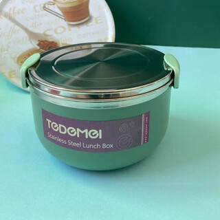 Lunch box two-layer korean 304 steel portable large-capacity round stainless steel box two-layer student lunch box partition 6558 green 201 stainless steel 1l