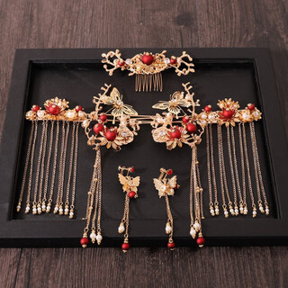 Caizhi chinese style bridal xiuhe headdress, simple phoenix crown, elegant xiuhe suit, red step rocking wedding suit, hair accessory, small face, t100 suit + ear clip