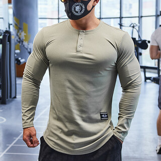 Lutielang fitness clothes men's long-sleeved sports t-shirt tights quick-drying elastic breathable training bottoming shirt autumn and winter military green m