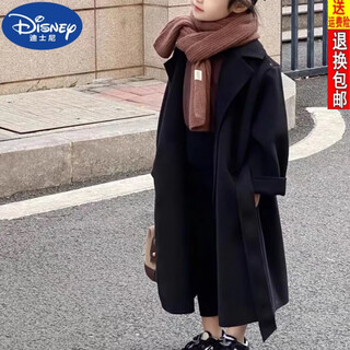 Disney (disney) brand girls' woolen coat mid-length woolen coat 2024 autumn and winter new style thickened versatile coat trend black 150 cm