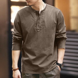 Chaotishi high-end retro long-sleeved t-shirt for men in autumn loose large size pure cotton tough guy casual henry collar bottoming shirt top mocha brown l 130-145jin jin is equal to 0.5 kg