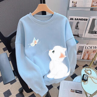 One-inch acacia haze blue loose round neck sweatshirt for women 2025 autumn and winter new hot style design top plus velvet thickened jacket haze blue-cat and butterfly plus velvet style m recommend 110-130jin jin is equal to 0.5 kg