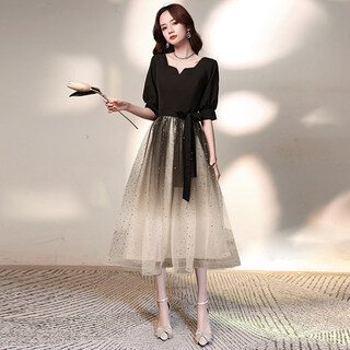 Li baixin black evening dress french style for women to wear at ordinary times gradient starry sky long temperament choir banquet host black mid-length xxl