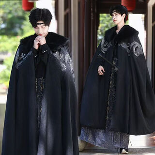 Du type zhuyue original new black cloak plus velvet thickening winter hanfu lengthened double-sided nylon jacket black dragon 4xl