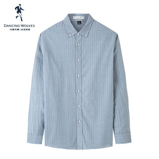 Dances with wolves, comfortable pure cotton, autumn and winter fashionable striped versatile casual men's long-sleeved shirt 009 blue gray 170