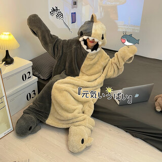 Youshi fei shark couple pajamas autumn and winter thickened coral velvet one-piece sleeping bag cute and funny men and women social horror nightgown js velvet #4840 shark (including shoes) 3xl male 180-200jin jin is equal to 0.5 kg
