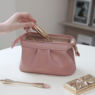Tomill cosmetic bag women's portable hand grab bag leather waterproof evening bag lipstick powder bag portable storage bag cosmetic bag moonlight-rose pink