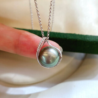 Chenru 10-11mm tahitian black pearl pendant 18k set with diamonds perfect round bright light almost flawless 7 days delivery with silver