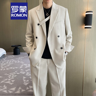 Romon light luxury commuting internet celebrity suit suit men's light mature style loose chest strap design double-breasted casual suit two-piece set apricot single suit xl