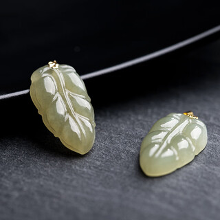 Holy glass 18k gold inlaid with jade natural hetian jade blue and white jade peace buckle leaf maitreya buddha four-leaf clover wishful pendant necklace leaves (about 14*24)/piece