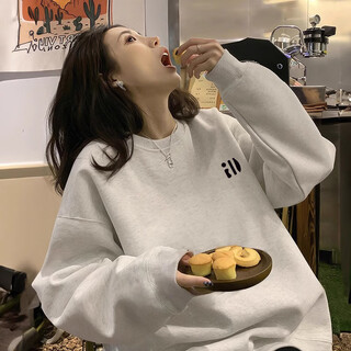 Ldbe white gray hooded sweatshirt for women autumn and winter 2025 new hot style plus velvet thickened loose american retro round neck top white gray autumn and winter plus velvet l (95-110jin jin is equal to 0.5 kg)