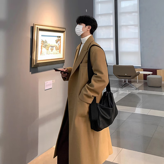 Oemg autumn and winter high street retro mid-length woolen coat men's knee-length windbreaker british thickened handsome woolen coat khaki-cotton l recommended 100-110jin jin equals 0.5 kg