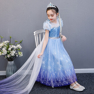 Blue beni elsa princess dress summer girls dress little girl cosplay halloween children's costume elsa skirt skirt + cape + magic wand crown 120 codes