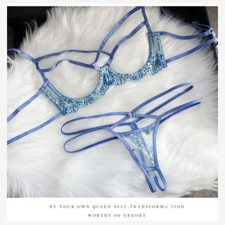 Wujiang miaopin sweet night party sexy underwear set women's hollow underwear small breast showing large underwire bra blue bra + panties m