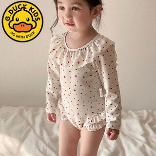G.duck little yellow duck girls swimsuit 2025 new long-sleeved sun protection girl cute backless one-piece children ins small and medium-sized children 8039 white love (send the same swimming cap) 80