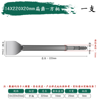 Red knight electric hammer drill bit square handle round handle hexagonal handle impact drill bit electric pick chisel flat chisel head slotted wall flat shovel bit 14x220x20mm flat chisel-square handle