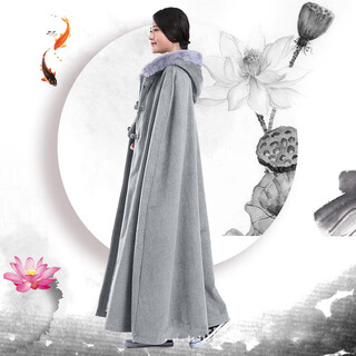 Yanxian meditation cloak cloak men's and women's woolen meditation cloak winter warm and cold-resistant monk shawl hooded jacket light gray fur collar xl -140cm (height 172 and above)