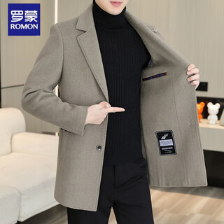 Romon woolen coat men's suit collar double-sided thickened windbreaker autumn and winter mid-length men's plush woolen coat khaki 2xl suitable for 150-170jin jin equals 0.5 kg