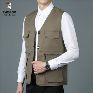Woodpecker (tucano) middle-aged and elderly men's fishing vest reversible outdoor spring and autumn thin multi-pocket vest photography dad vest style one khaki recommended 145-170 jin jin equals 0.5 kg