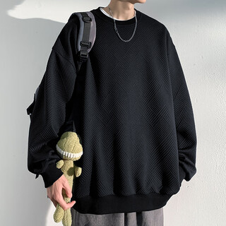 Oemg waffle heavyweight hoodless plus velvet thickened sweatshirt for men in spring, autumn and winter trendy brand warm round neck loose versatile jacket black regular xl recommended 125-140jin jin equals 0.5 kg