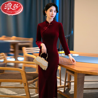 Langsha improved cheongsam autumn and winter plus velvet and thickened gold velvet 2024 new temperament noble dress for mother-in-law wedding banquet mother red 2xl suitable for 120-130jin jin equals 0.5 kg