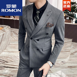 Romon spring suit men's korean style casual small suit men's double-breasted british style handsome trendy slim jacket medium gray double-breasted (suit + vest + pants xl (52)